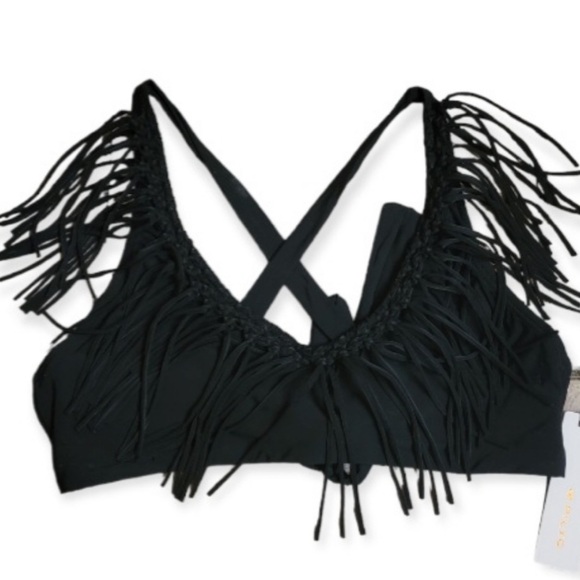 PILYQ Midnight Gold - X Black Fringe Halter Bikini Swim Top M NWT